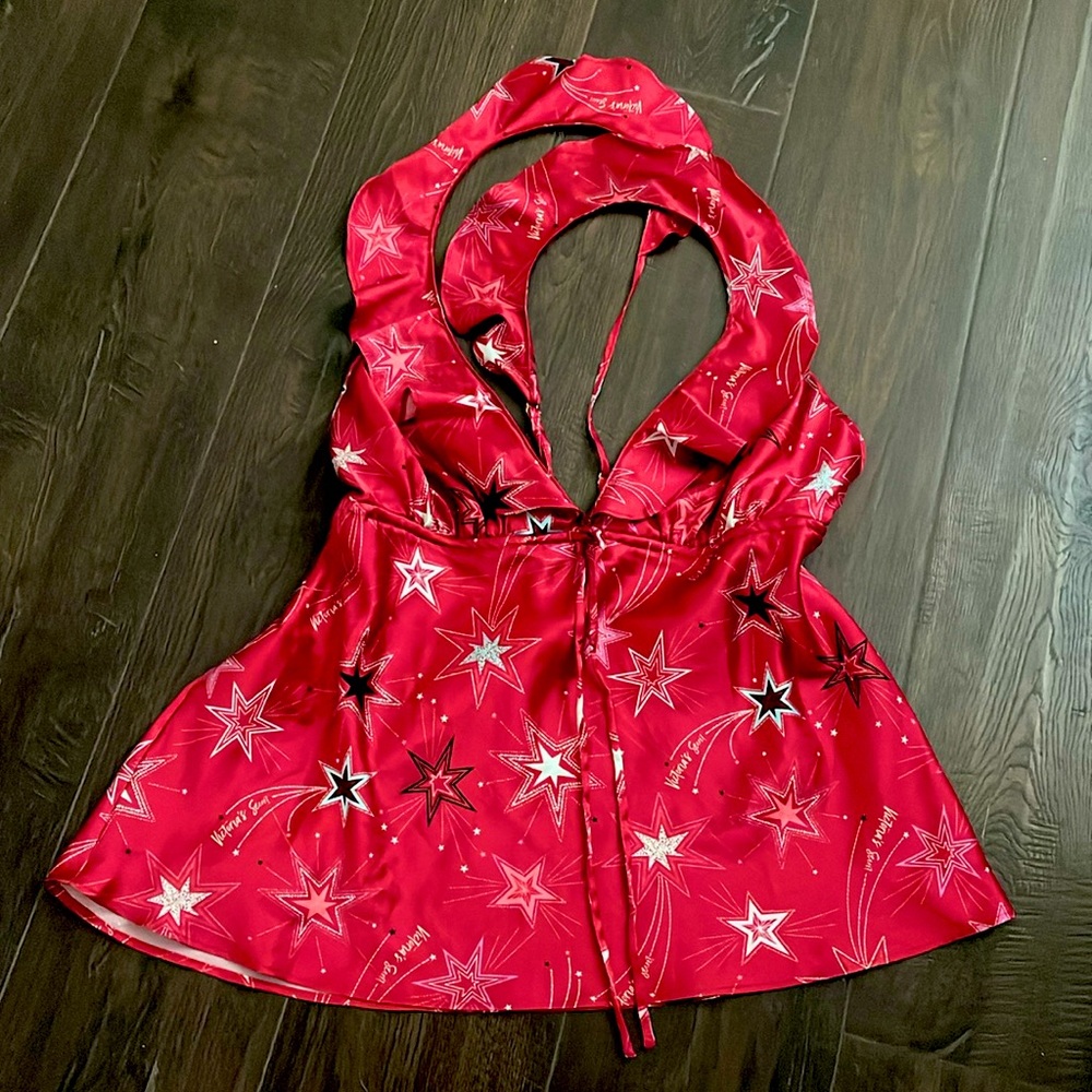 Victoria’s Secret red pajama top ruffle deep plunge cinch high waist Aline racer